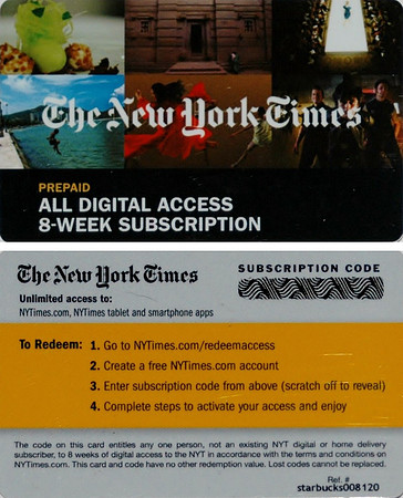 2012 NEW YORK TIMES SUBSCRIPTION CARD