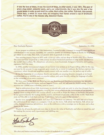 1996 25TH ANNIVERSARY LETTER FROM HOWARD SCHULTZ