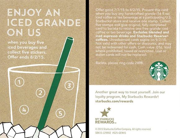 2015 ENJOY AN ICED GRANDE ON US - STICKER CARD