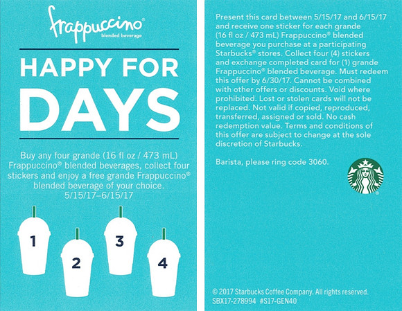 2017 FRAPPUCCINO PROMOTION CARD - HAPPY FOR DAYS