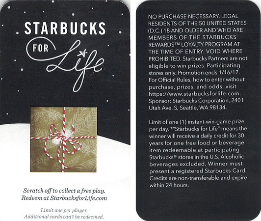 2016 STARBUCKS FOR LIFE - SCRATCH OFF CARD