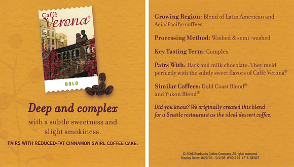 2006 TASTING NOTES CARD - CAFFE VERONA
